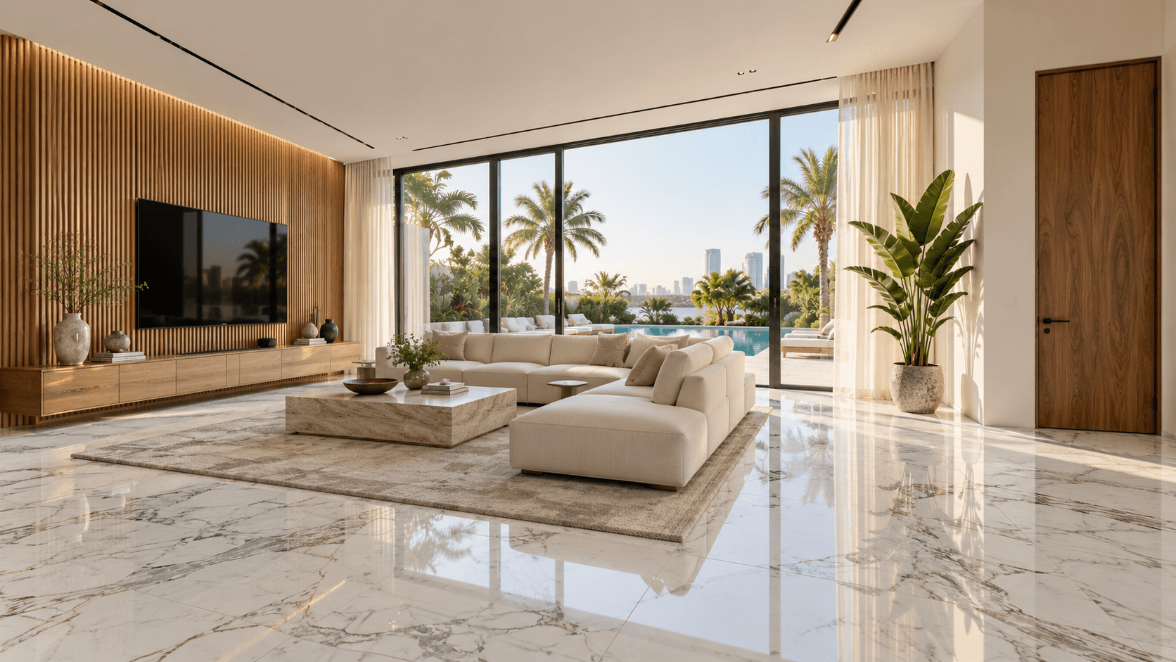 Villa living room with marble floor and oak panels