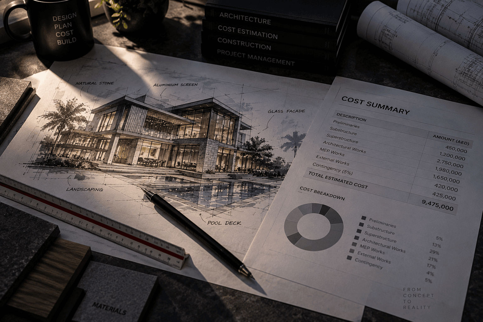 Cost summary document with budget pie chart