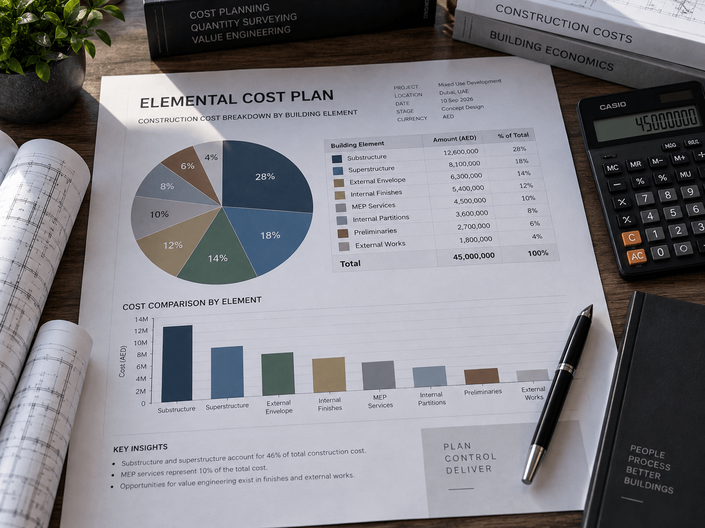 Elemental cost plan document with pie and bar charts