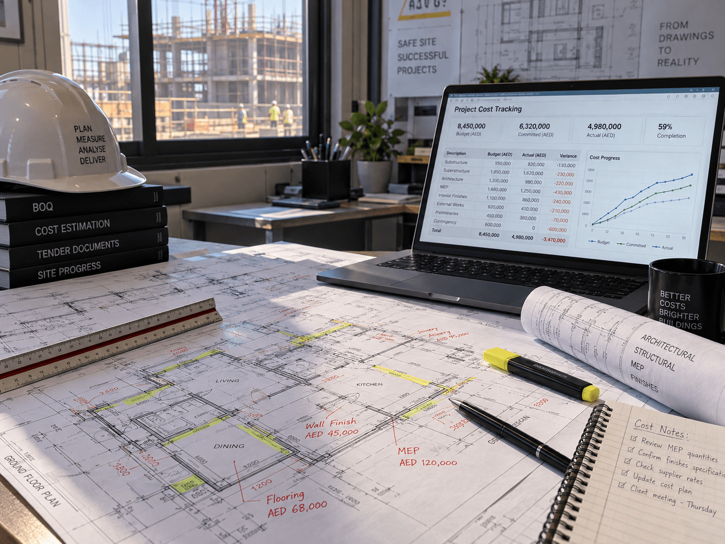 Detailed drawings with cost annotations and site context