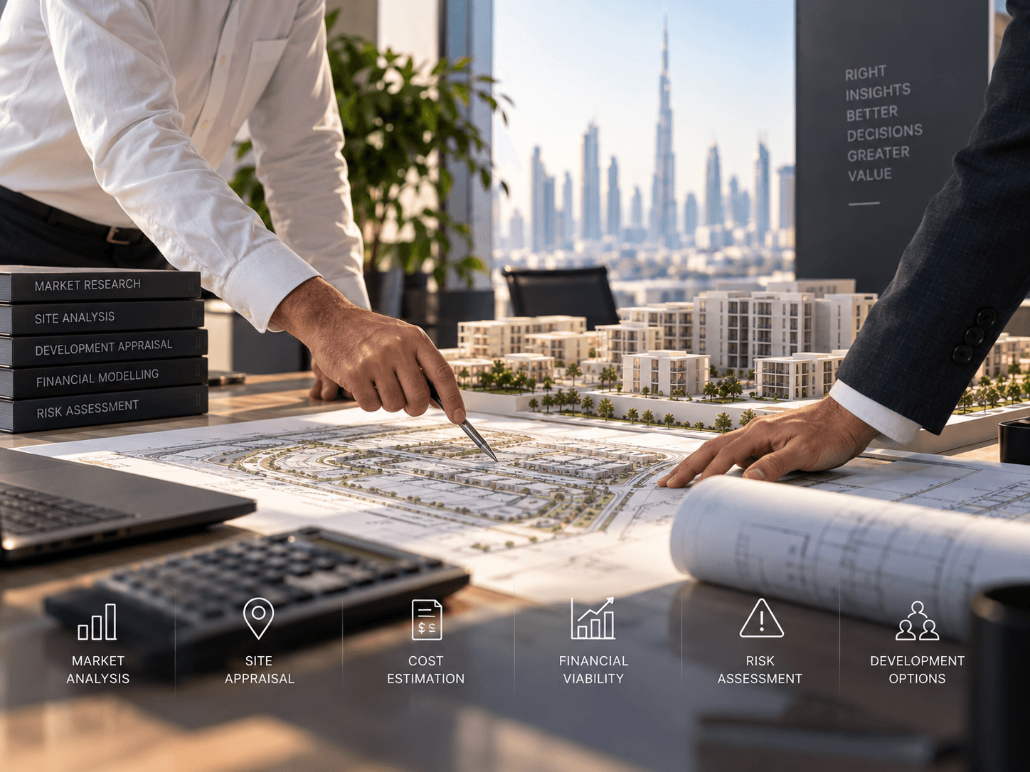 Quantity surveyors assessing site, cost and development feasibility in Dubai