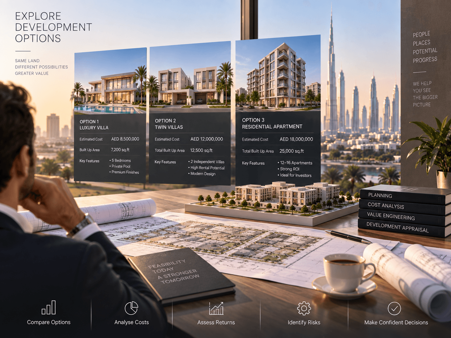 Comparison of property development options, construction costs and potential returns