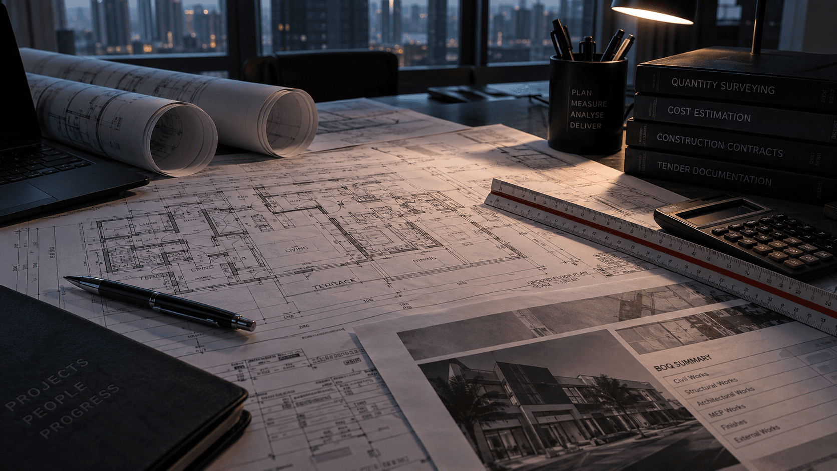 Architectural drawings and measuring tools on a desk
