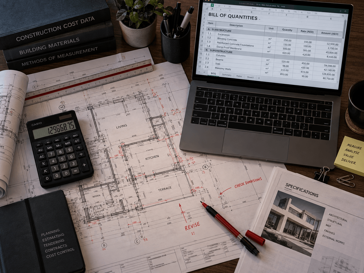 Bill of Quantities spreadsheet with architectural drawings