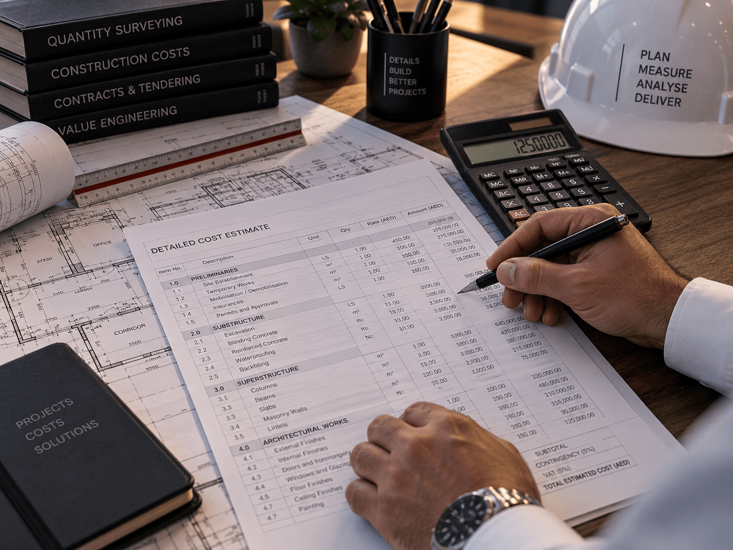 Senior quantity surveyor reviewing a cost estimate