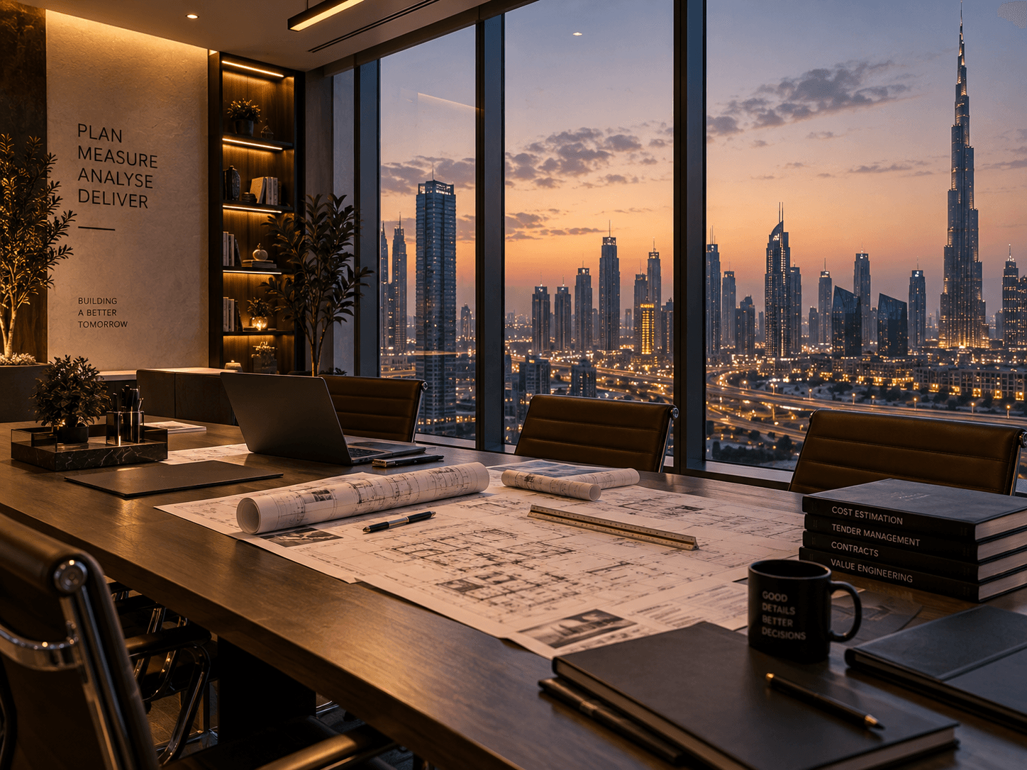 Dubai office overlooking the skyline at dusk