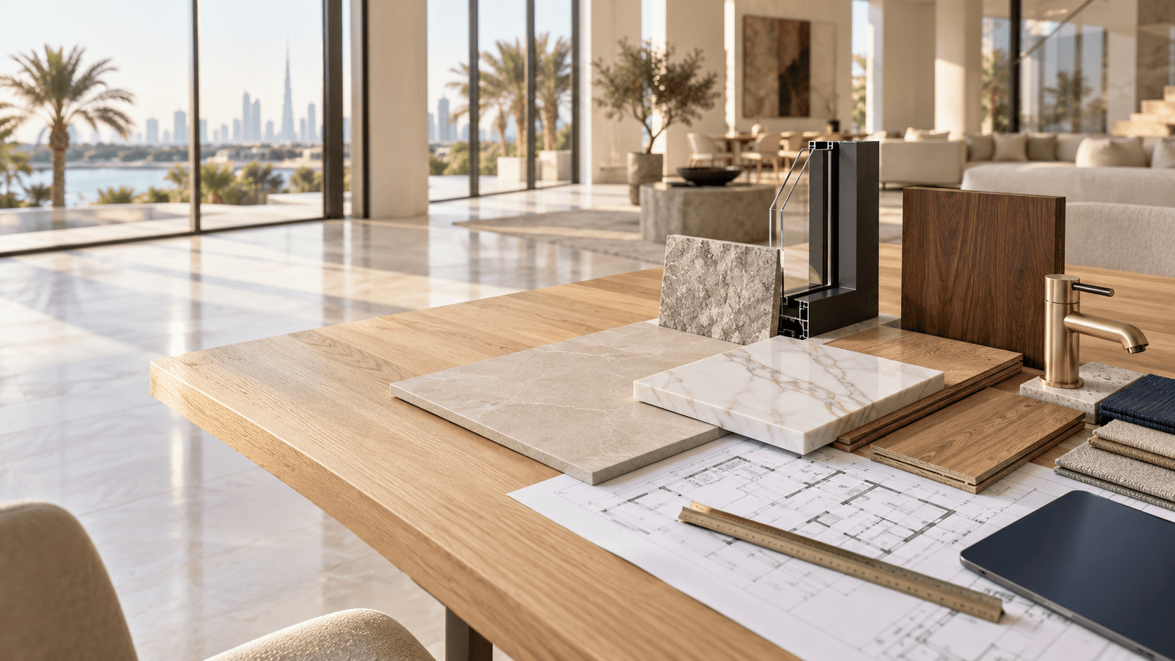 Villa material samples on architectural drawings