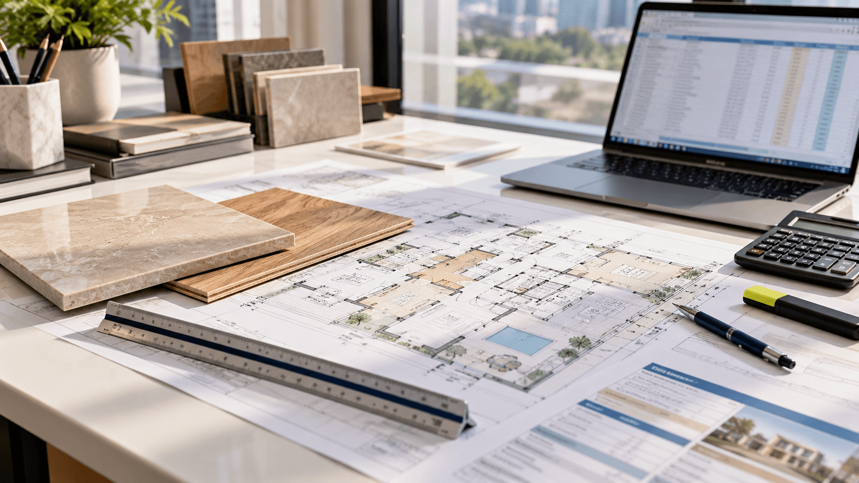 Quantity surveyor desk with drawings, scale ruler and quantity sheet