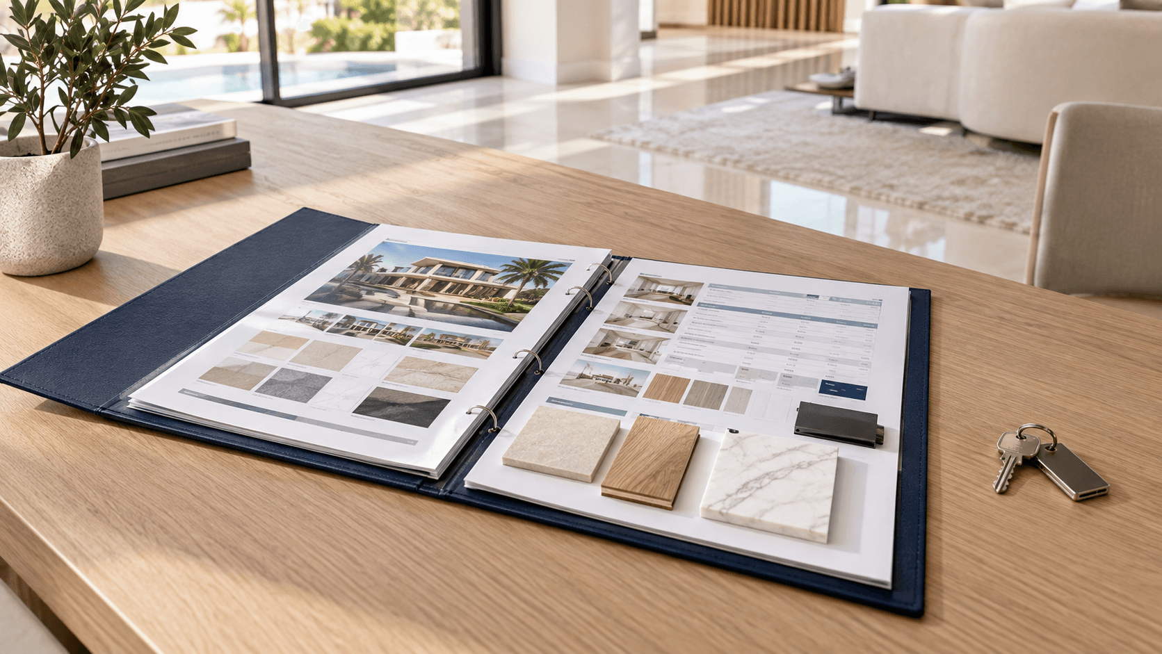 Villa Material Passport folder with material samples and keys