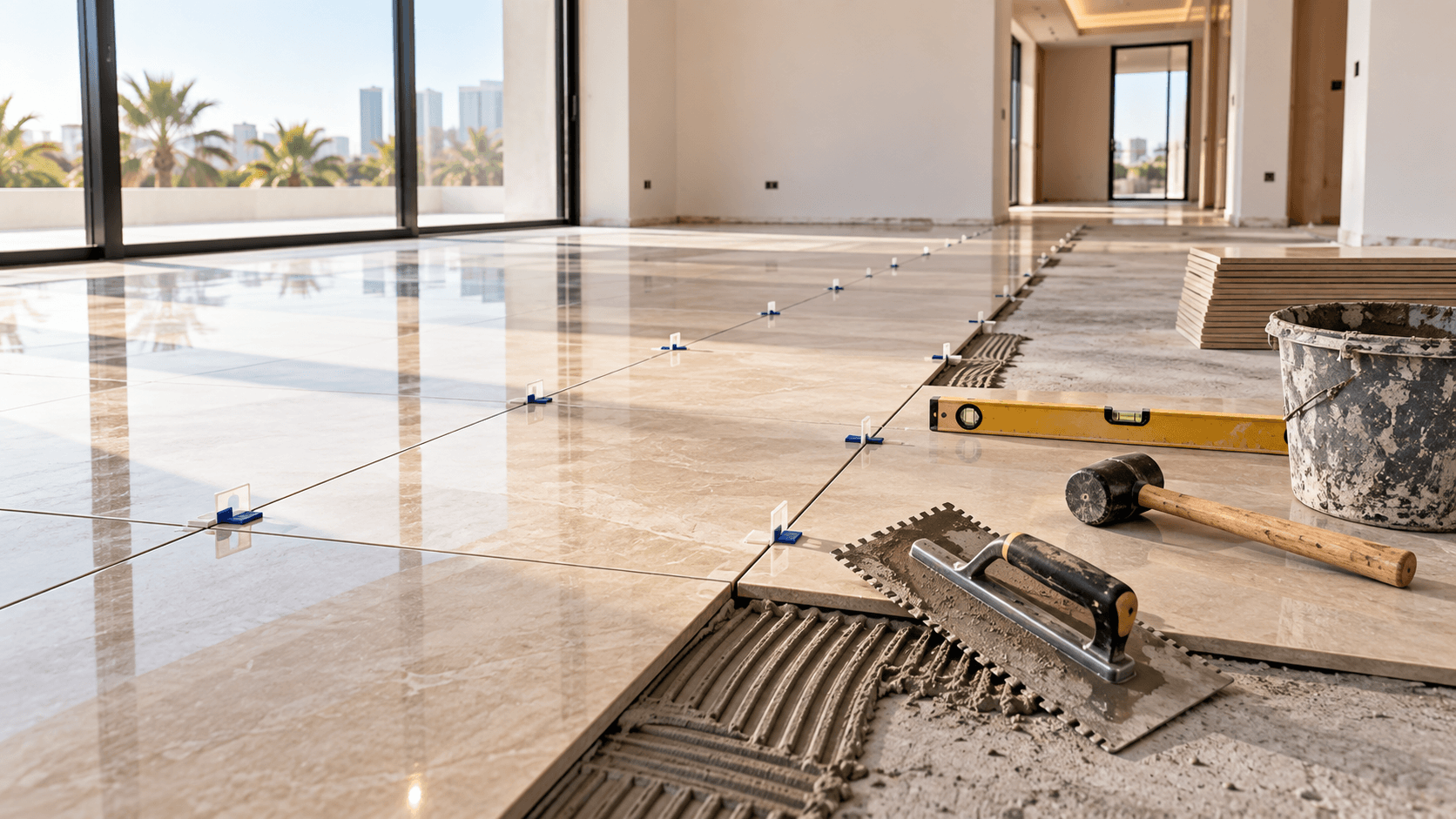 Porcelain tiles being professionally installed with tools