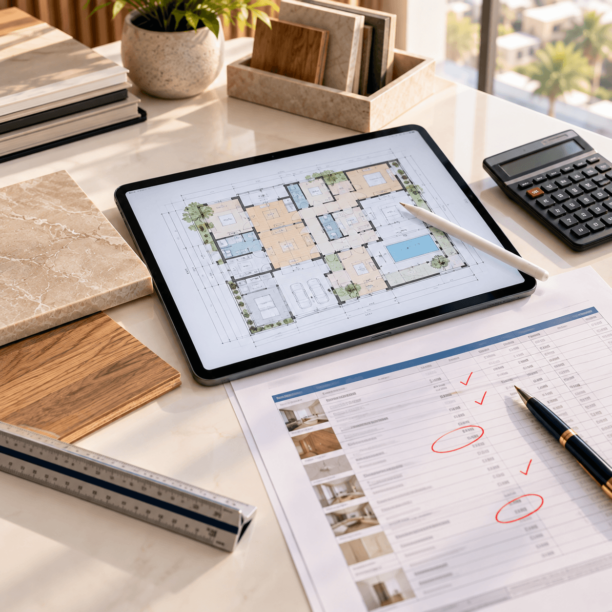 Tablet with floor plan and marked quotation