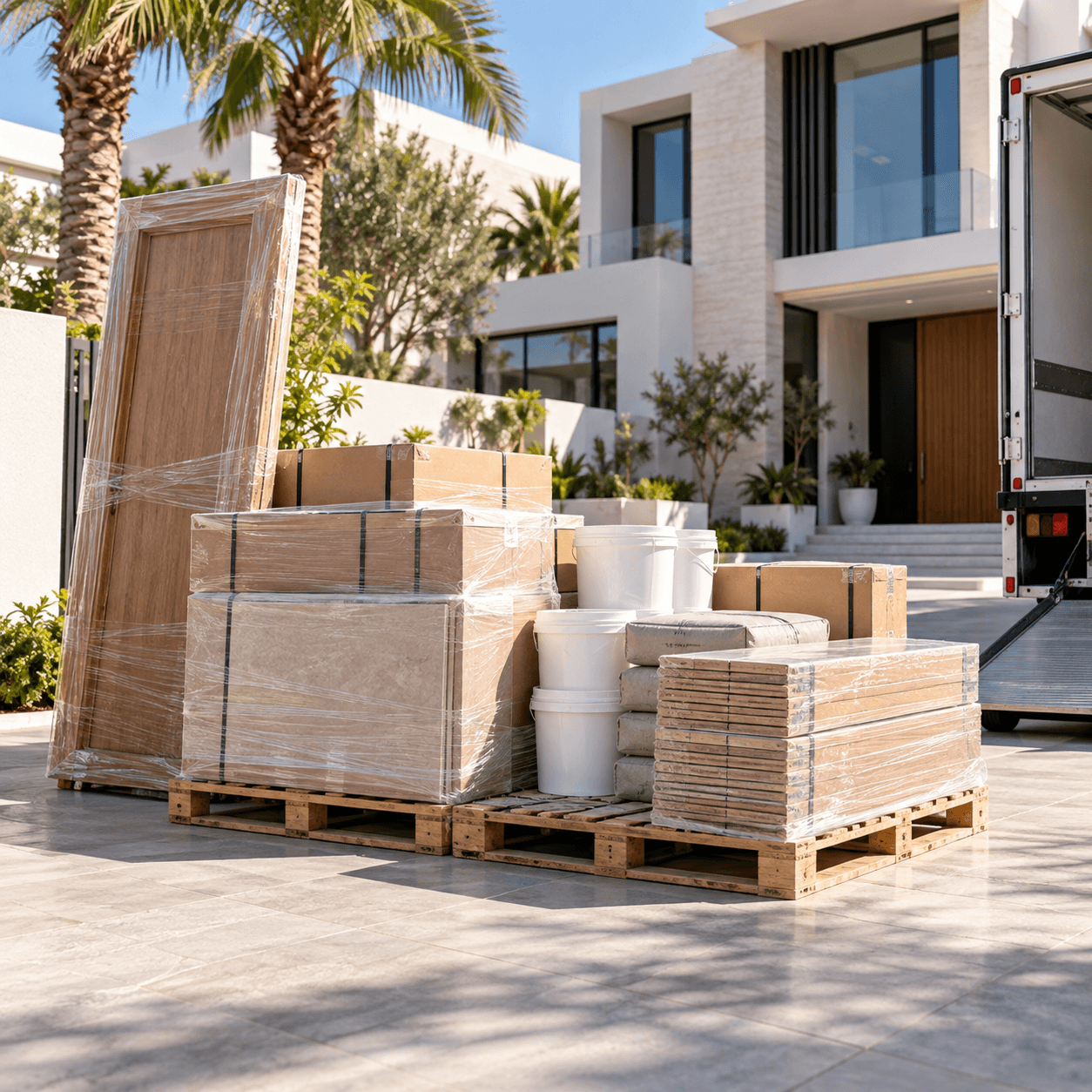 Materials delivered on pallets at a Dubai villa