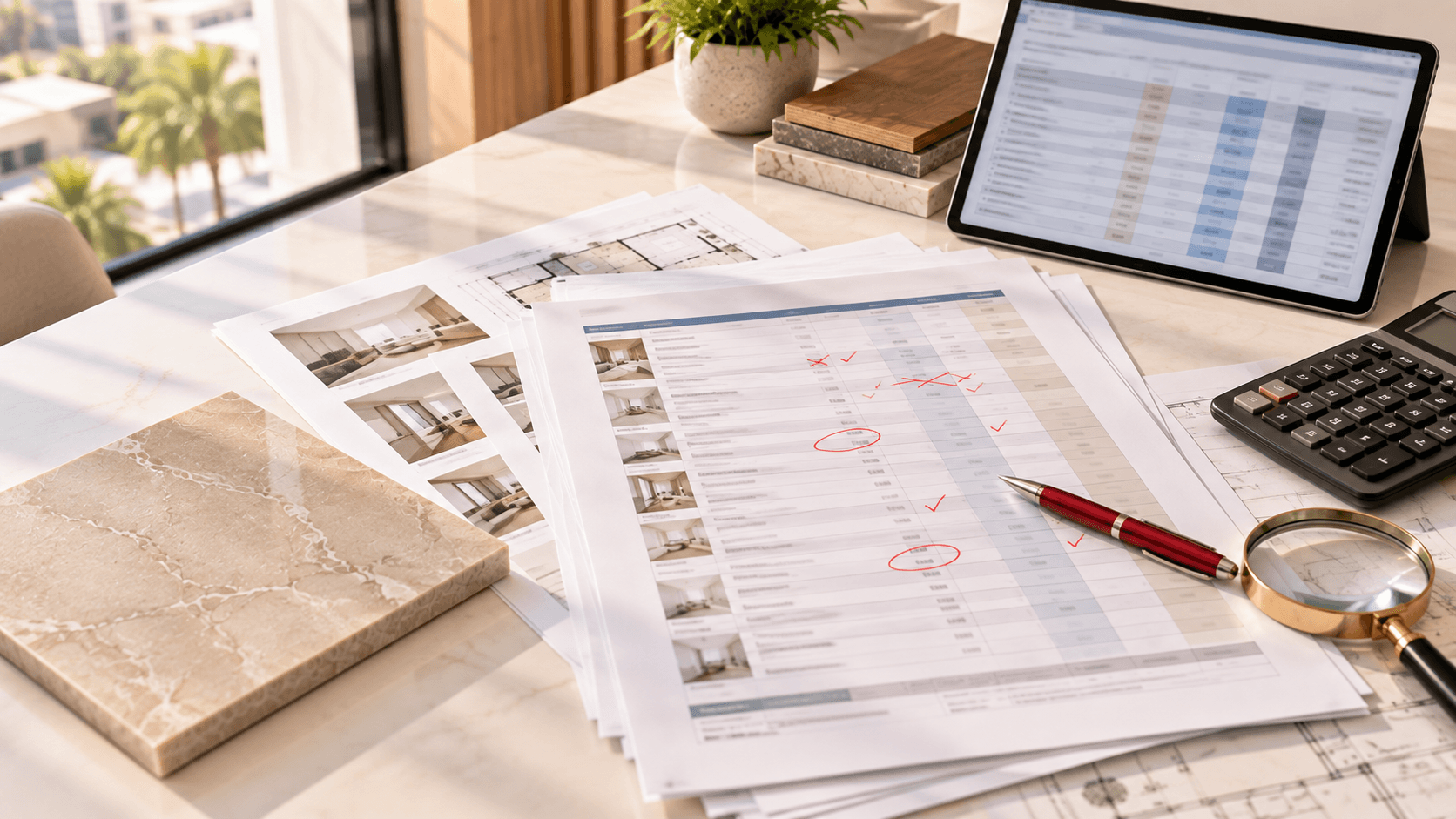 Contractor quotation marked with red pen