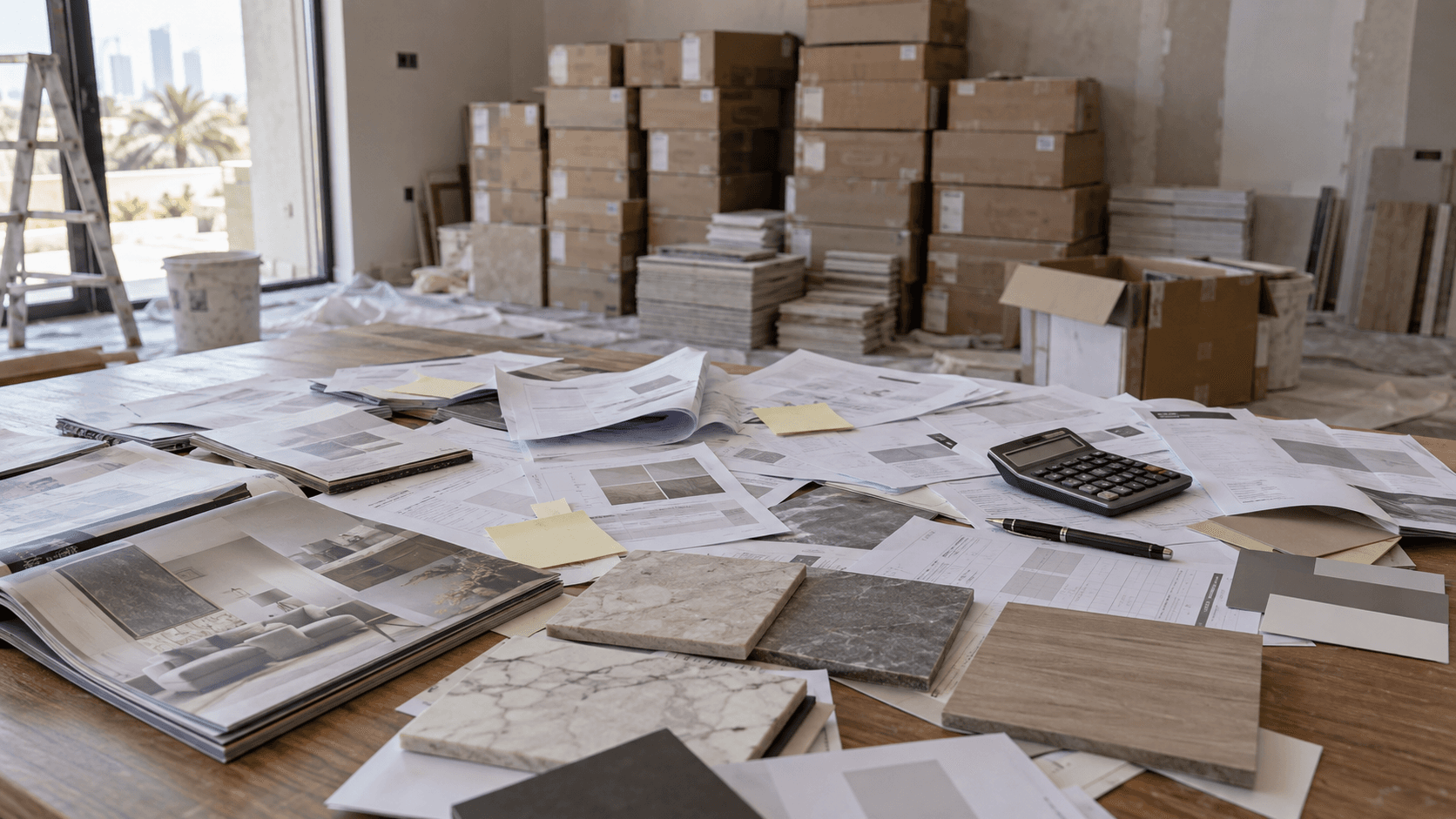 Messy pile of supplier quotes and excess tile boxes