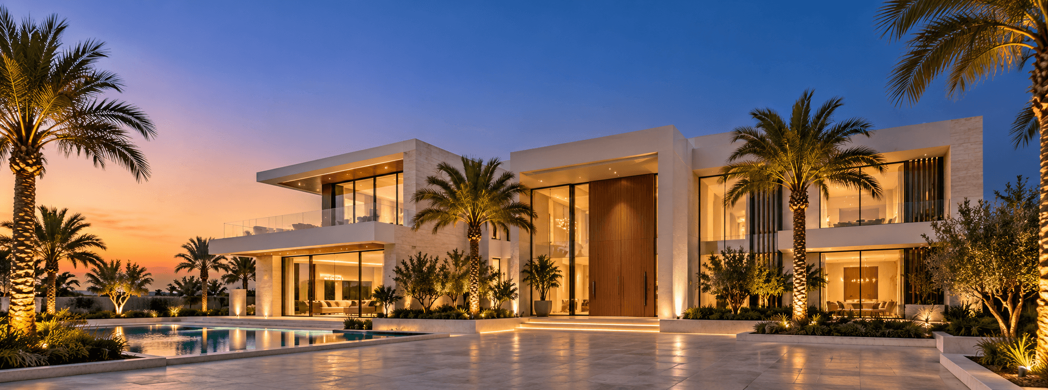 Modern Dubai villa exterior at dusk