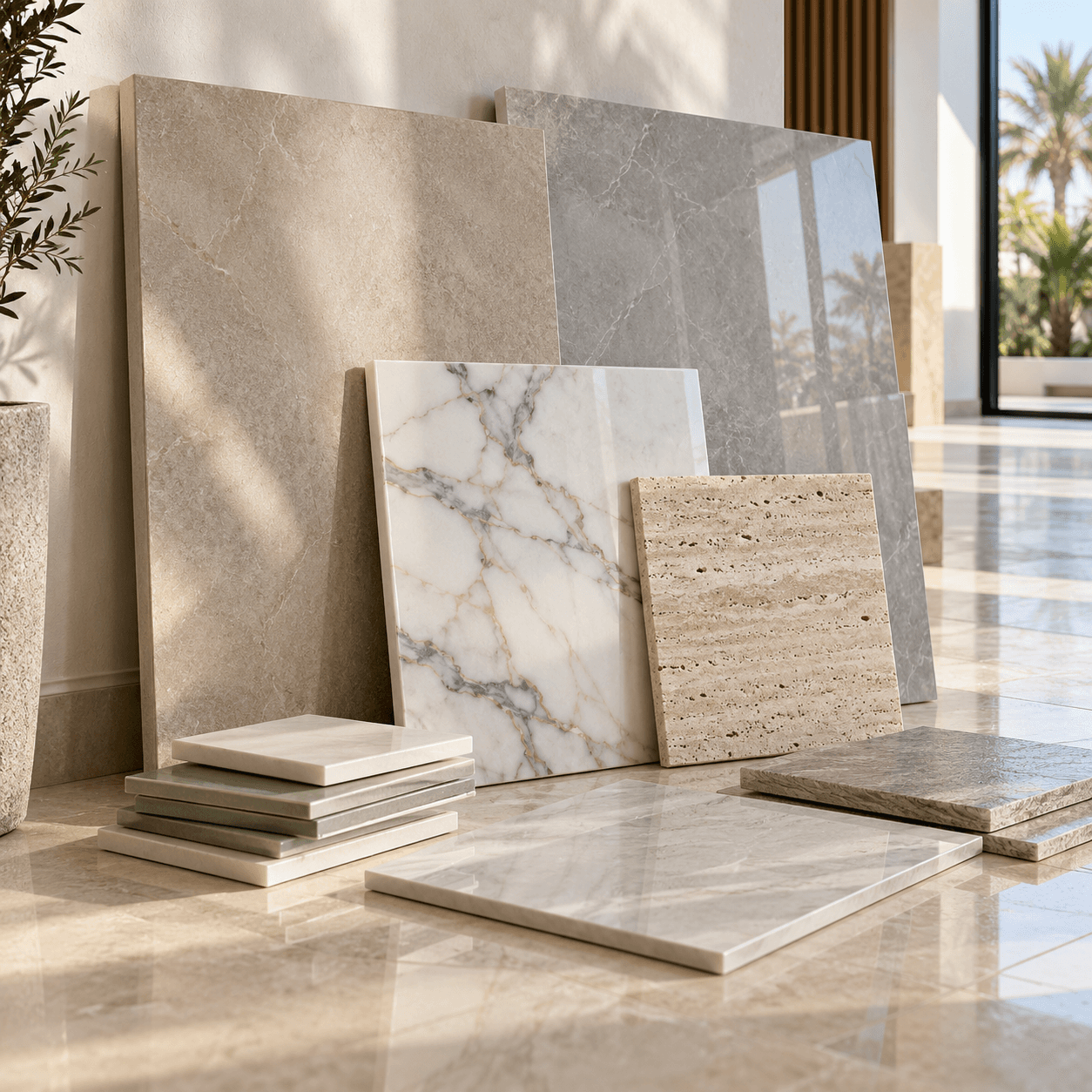 Porcelain tiles and marble samples