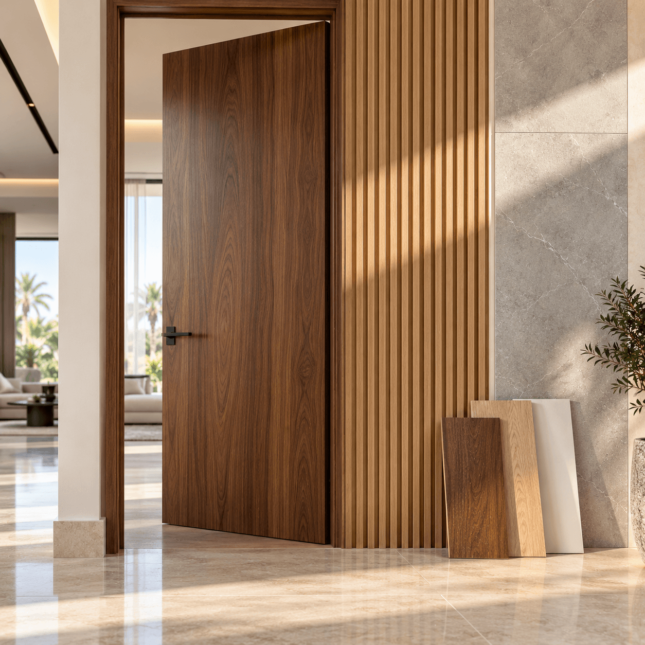 Walnut door and fluted wooden wall panels