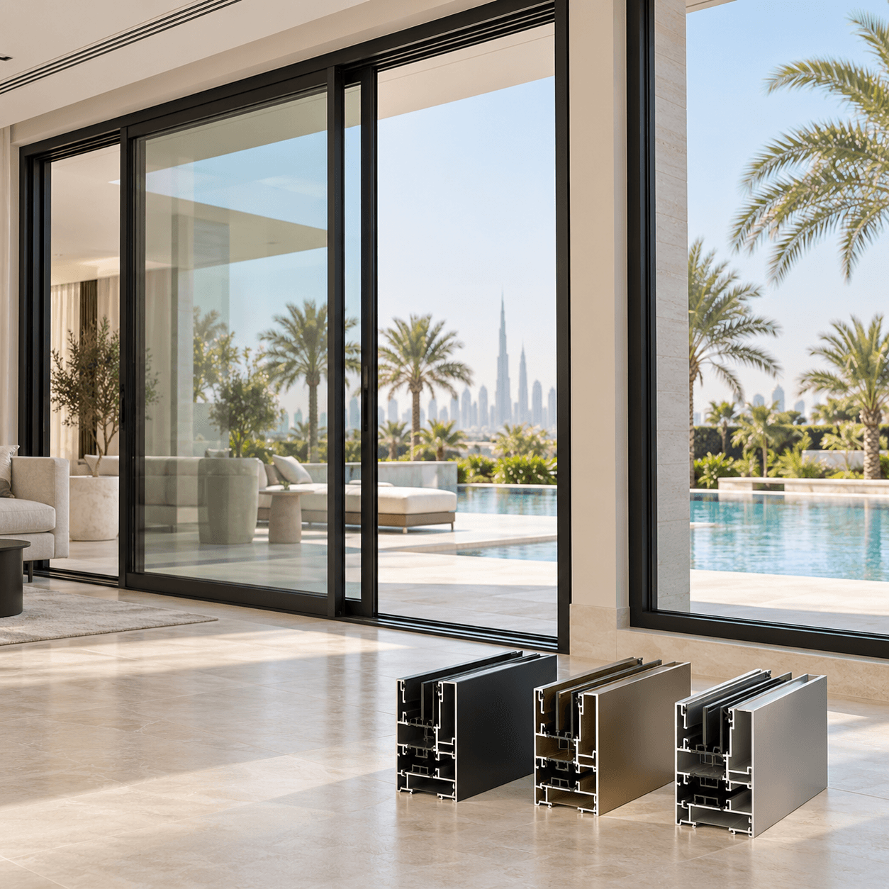 Black aluminium sliding door and profile samples
