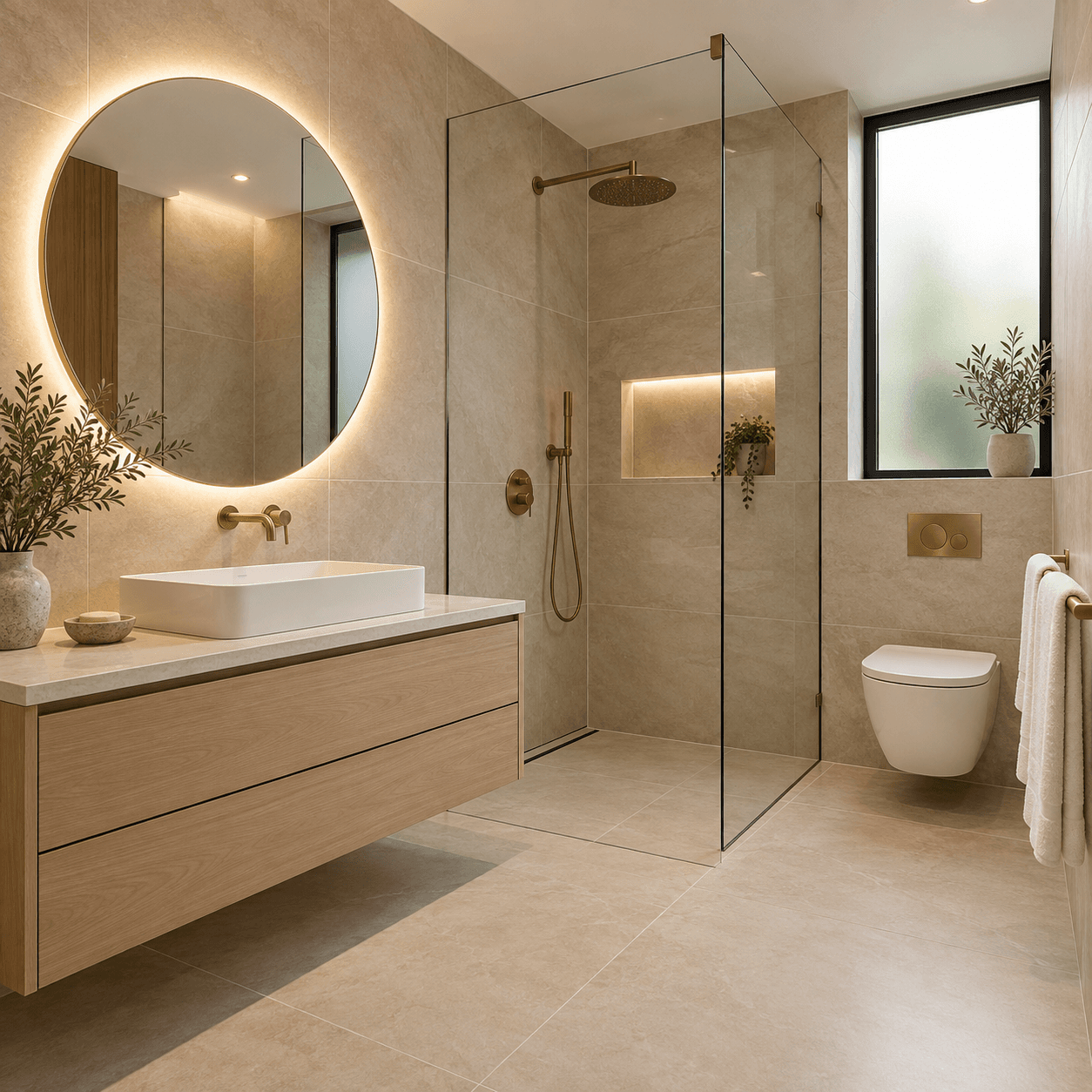 Modern villa bathroom with vanity and glass shower