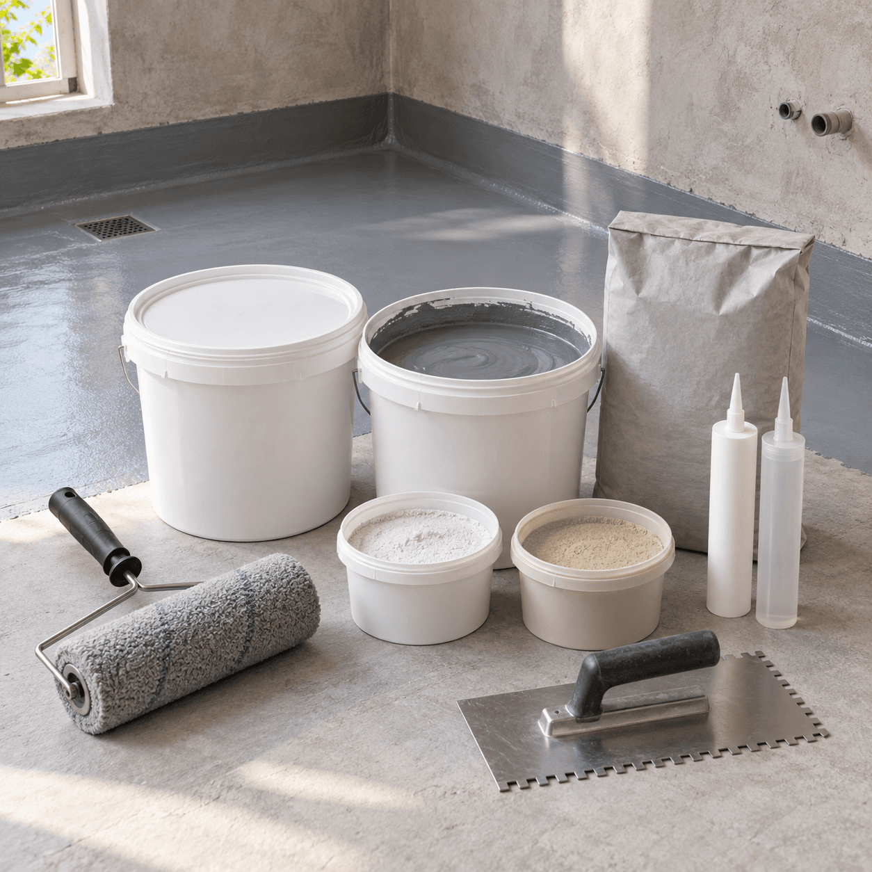Waterproofing, tile adhesive, grout and sealants